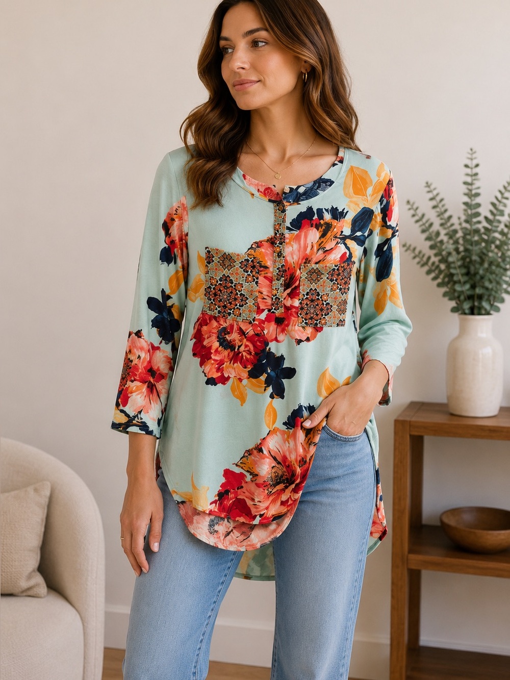 Fig & Flower Floral Lightweight Boho Tunic W/ Pockets Size Medium